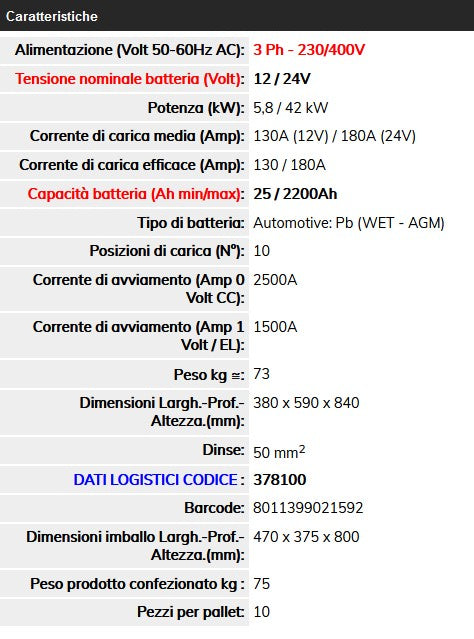 DECA 378100 CLASS BOOSTER 2500 Caricabatteria 12/24V-180A Start Assist 2500A. (230/400V3Ph) - Image 2