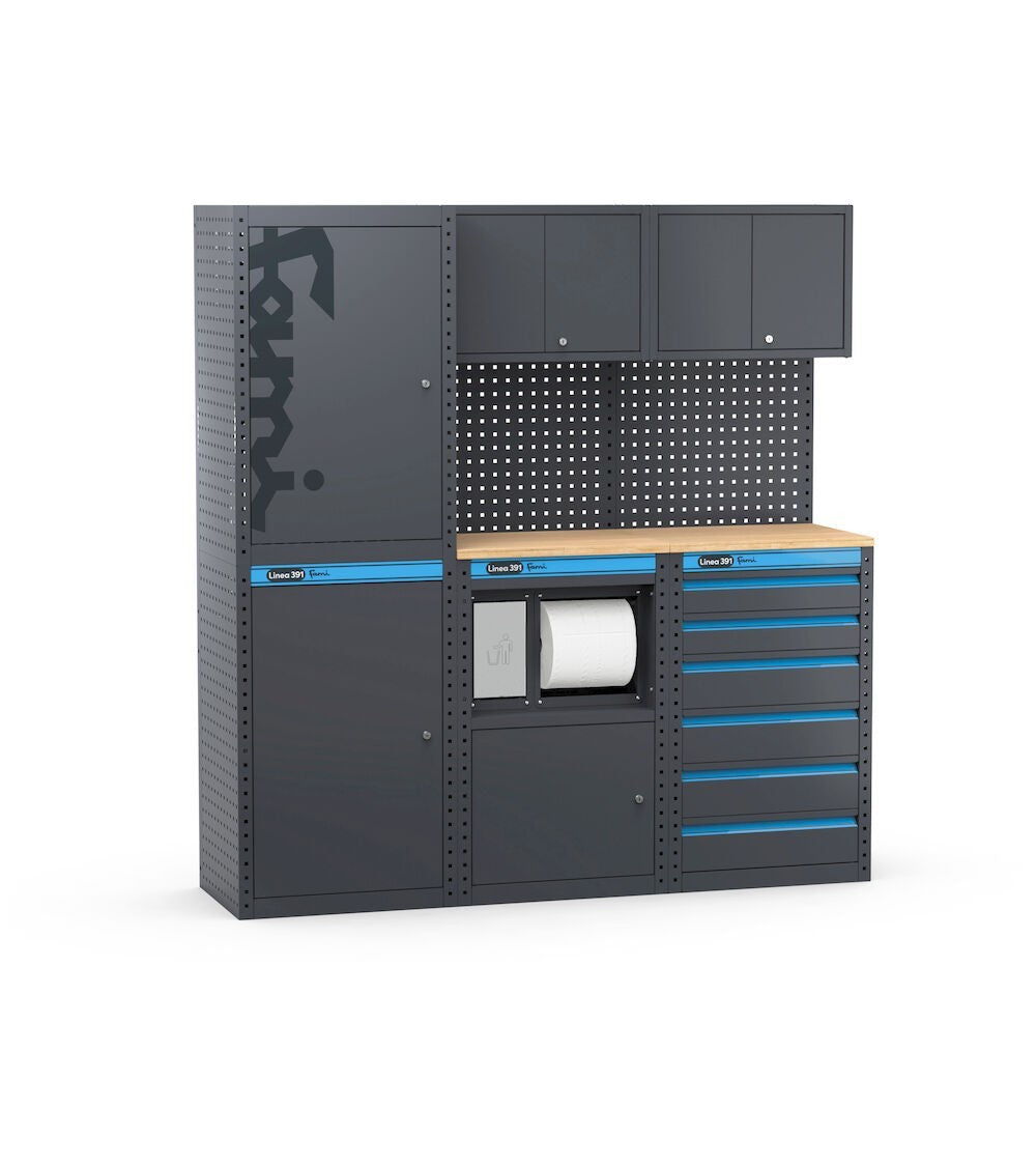 Fami 391G09 - Arredamento arredo da officina con armadi a un' anta, modulo di servizio e cassettiera