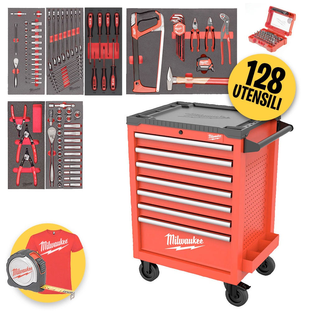 Milwaukee 4932498252C - Carrello portautensili a 7 cassetti completo di 128 pezzi