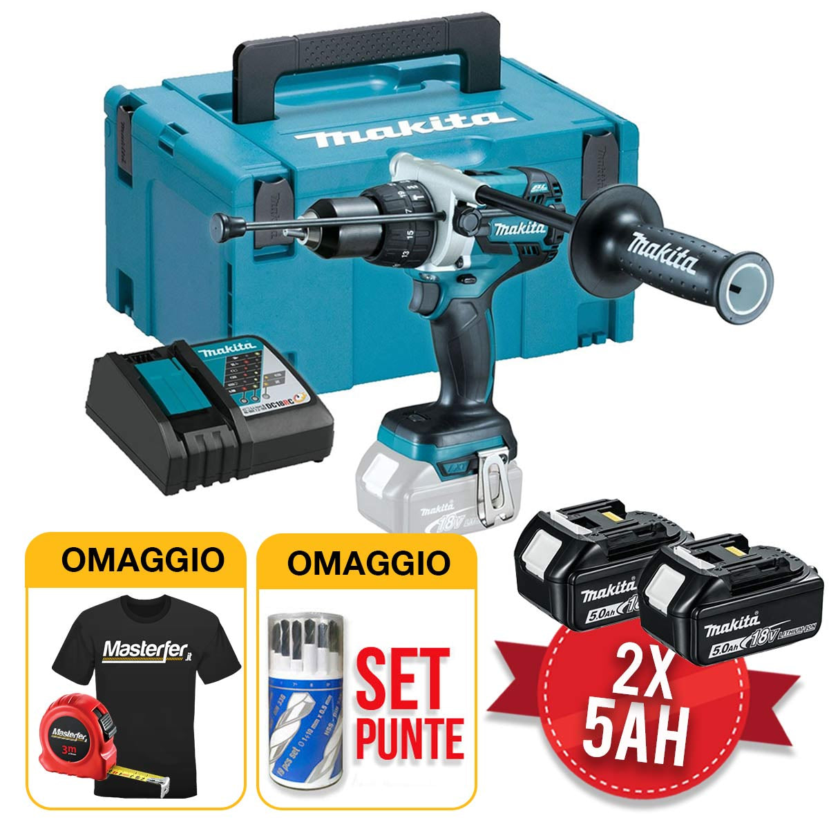 Makita DHP481RTJ - Trapano avvitatore a batteria con percussione, 2 x 5ah in valigetta