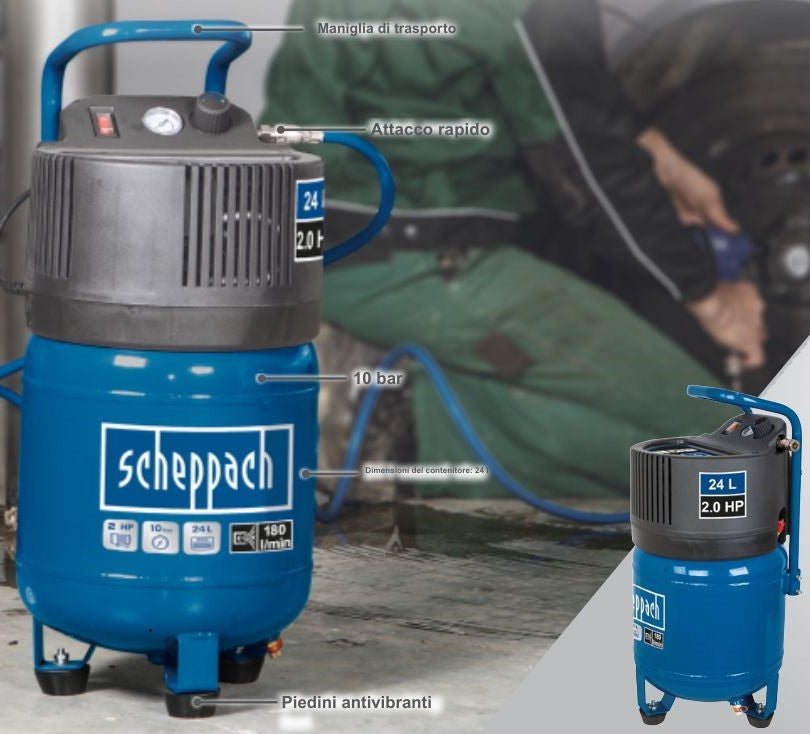 Scheppach hc24v Compressore verticale 24 litri 1,5 hp compatto , 220v , 1500w , senza olio - Image 4