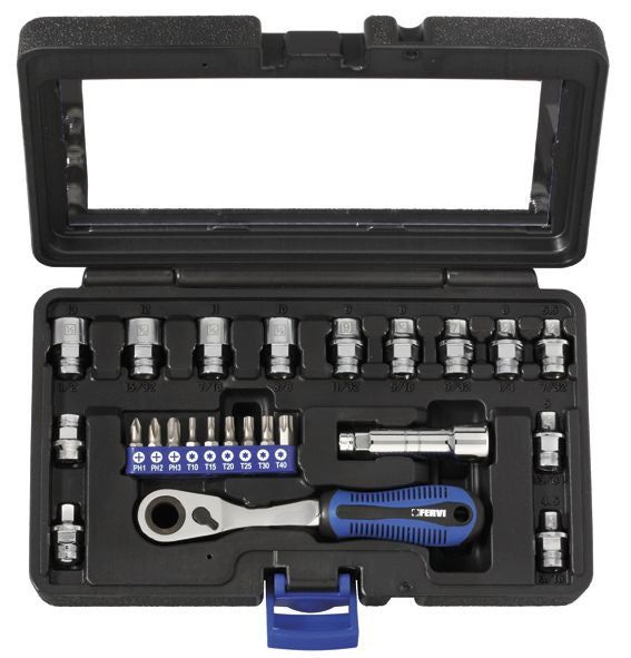 Fervi 0589 - Serie 24 pz bussole profilo ribassato con foro passante