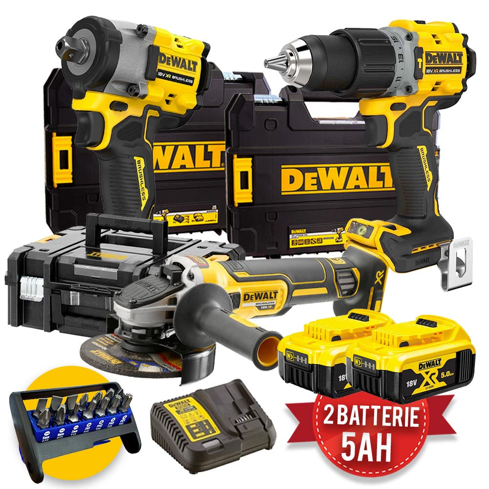 Dewalt Kit utensili a batteria 18V - Trapano DCD805 + Avvitatore a impulsi DCF922 + Smerigliatrice DCG405