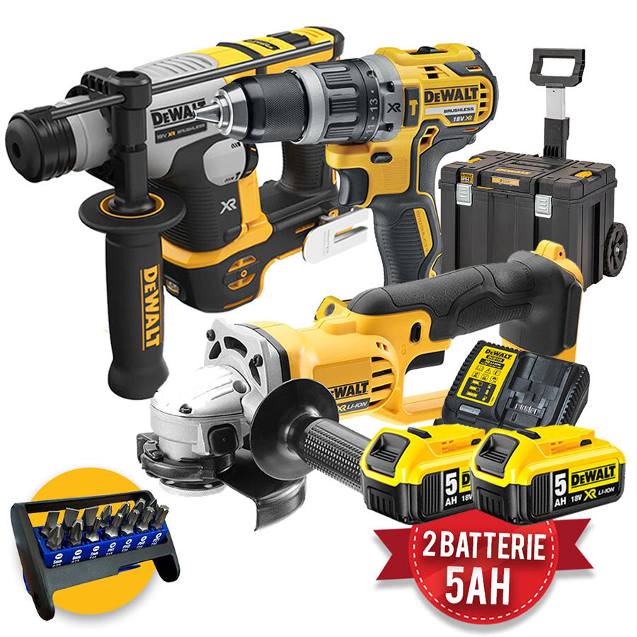 Kit Dewalt - Tassellatore SDS DCH172 + Smerigliatrice DCG412 + Trapano DCD796 con trolley
