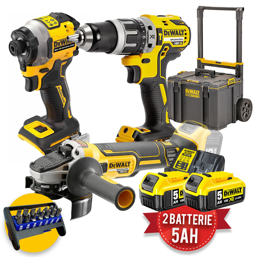 Kit utensili a batteria 18V Dewalt - Trapano DCD796, avvitatore impulsi DCF850, smerigliatrice DCG405