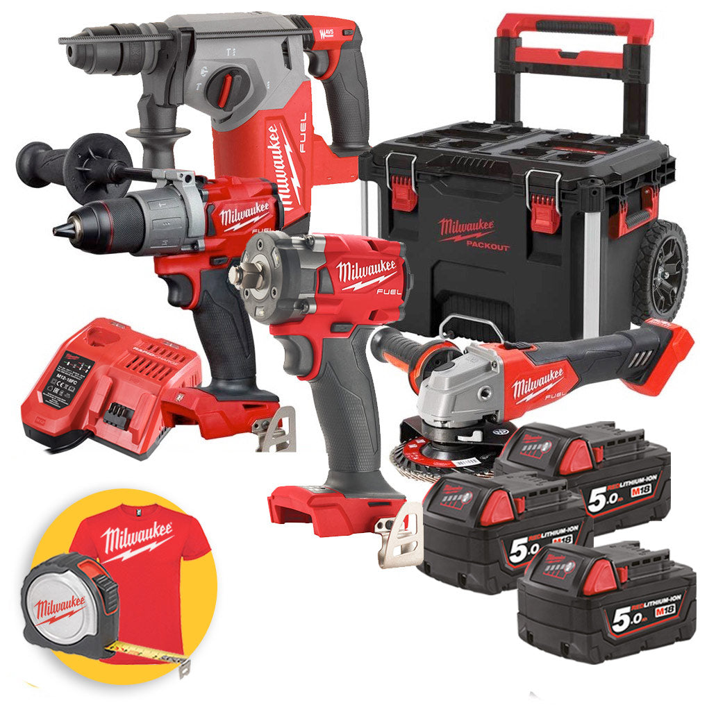 Milwaukee M18 FPP4A-503P - Kit utensili a batteria 18V Fuel - Trapano, Smerigliatrice, Tassellatore, Avvitatore impulsi