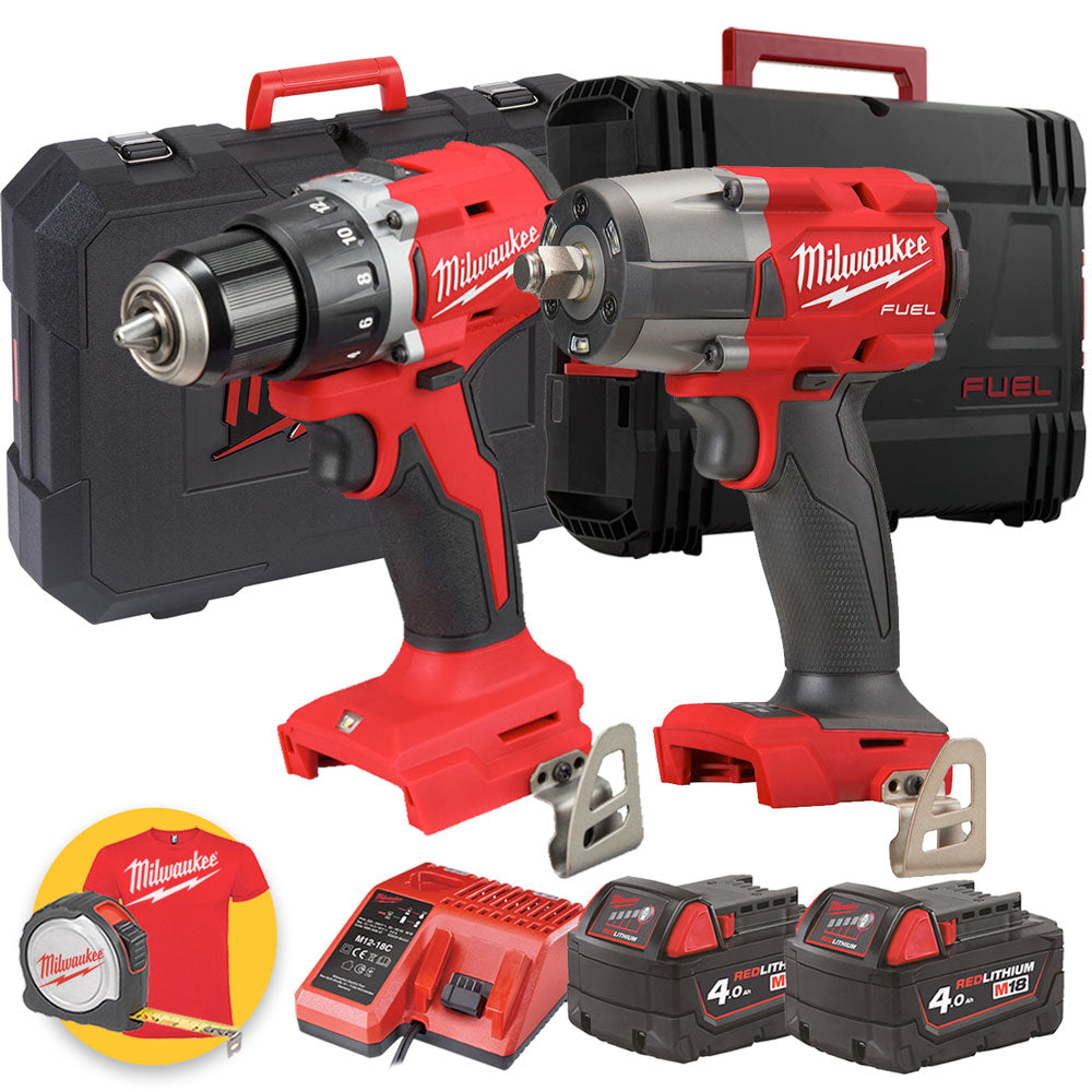 Milwaukee Kit elettroutensili M18 - Trapano con percussione M18 BLPDRC + Avvitatore ad impulsi Fuel M18 FMTIW2F12