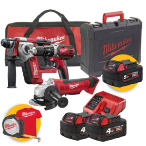 Kit Milwaukee 18V M18 BPP3A, trapano avvitatore + tassellatore sds-plus + smerigliatrice, 2 batterie da 4.0Ah e 1 da 5.0Ah, con valigetta e borsone