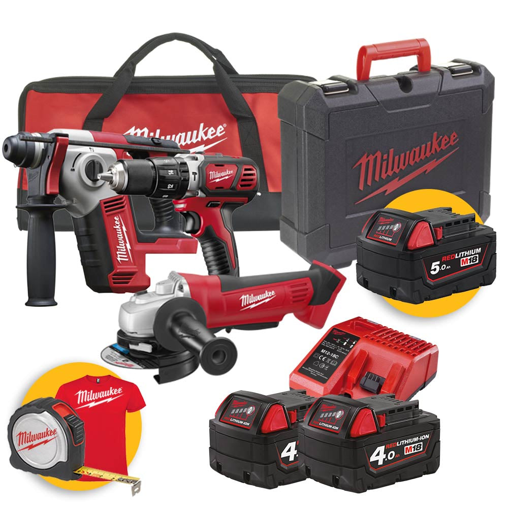 Kit Milwaukee 18V M18 BPP3A, trapano avvitatore + tassellatore sds-plus + smerigliatrice, 2 batterie da 4.0Ah e 1 da 5.0Ah, con valigetta e borsone