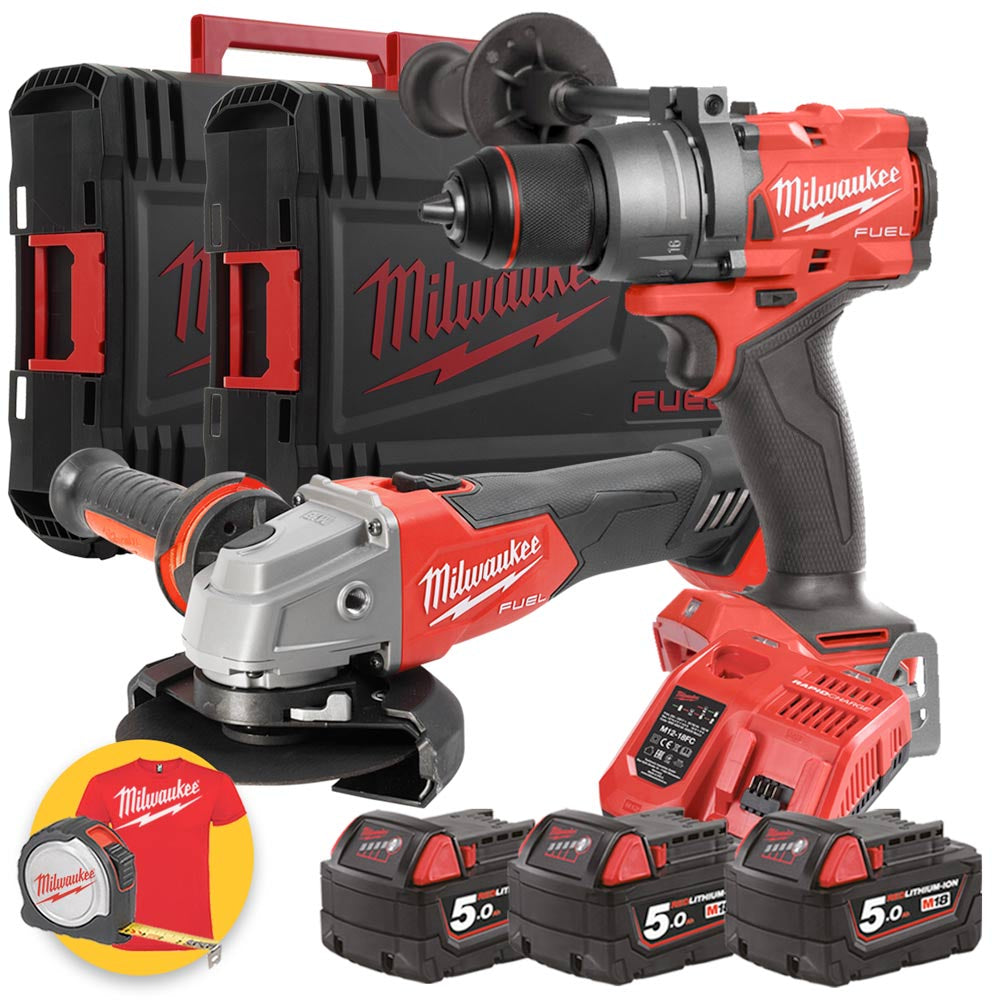 Kit utensili Milwaukee M18 Trapano FPD3 + Smerigliatrice FSAG125X - 3 Batterie 5Ah