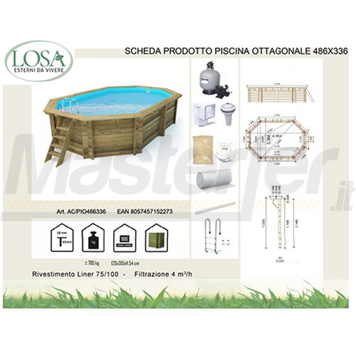 Losa Legnami AC/PIO486336 - Piscina fuori terra ottagonale in legno 486x336x120 cm - Image 3