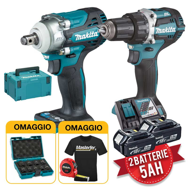 Makita DLX2359TJ1 - Kit utensili 18V, Trapano avvitatore con percussione DHP484 + Avvitatore ad impulsi DTW300, 2x5.0Ah