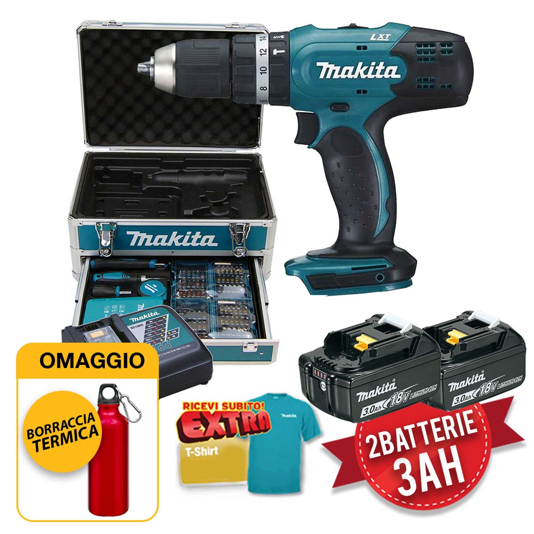 Makita DHP453RFX2 - Trapano avvitatore a batteria con percussione, 2 x 3ah in valigetta e 96 accessori