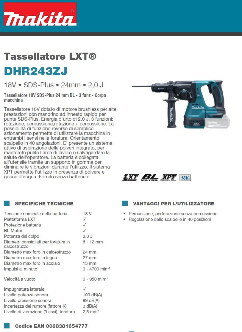 MAKITA DHR243ZJ Tassellatore LXT 18V SDS-Plus 24 mm BL - 3 funz - Solo Corpo macchina - Image 3