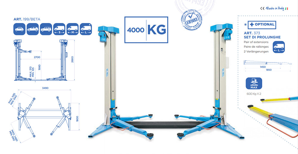 OMCN 199/BETA - Ponte sollevatore auto per officina, elettromeccanico a due colonne, 4 ton Made in Italy - Image 2