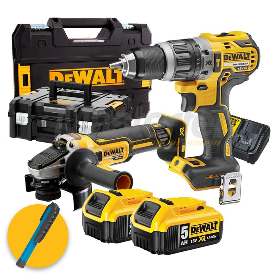 Dewalt DCK2153P2T - Kit composto da trapano DCD796, smerigliatrice DCG405 e 2 batterie da 5Ah, 2 Valigette
