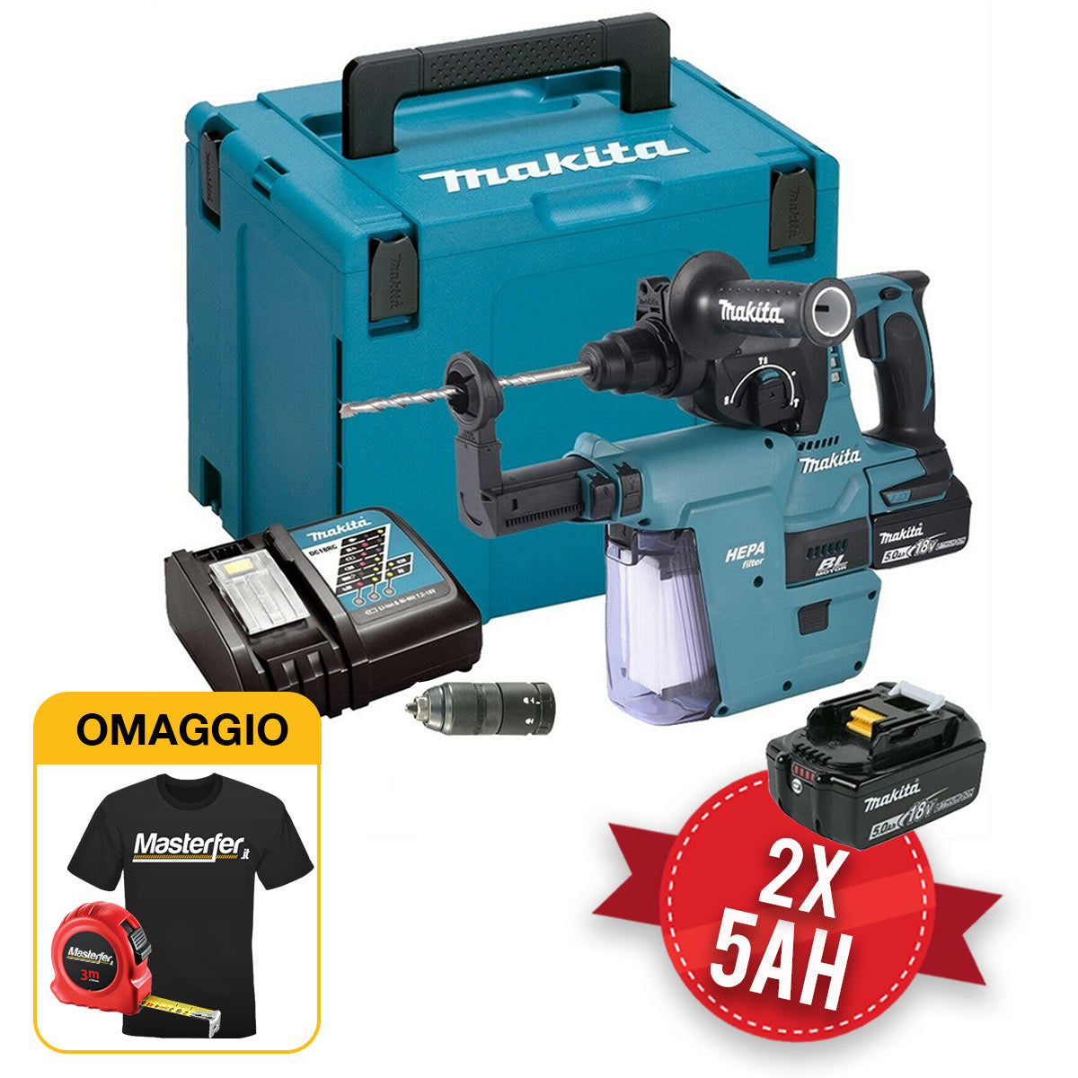 Makita DHR243RTJV - Trapano tassellatore a batteria 18V 5Ah, doppio mandrino in valigetta