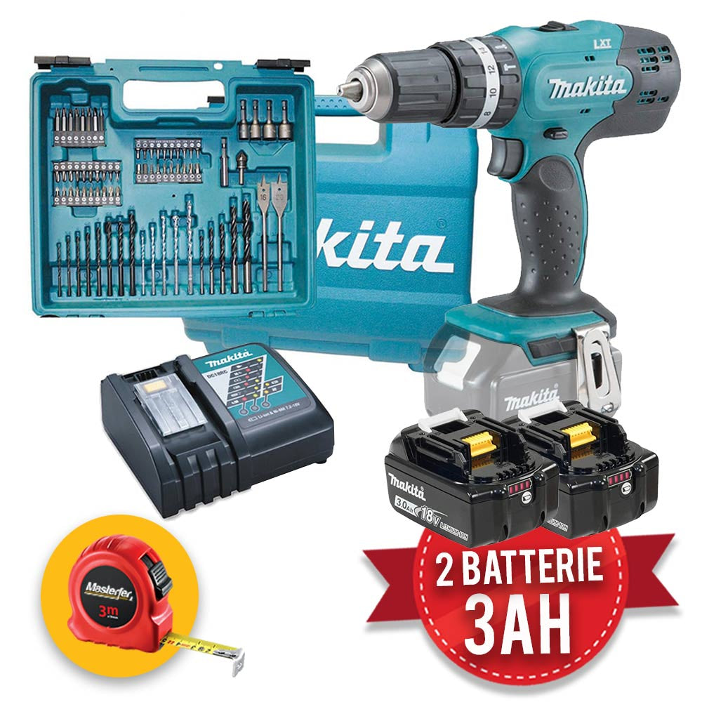 Makita DHP453RFX4 - Trapano avvitatore a batteria con percussione, 2 x 3ah in valigetta e 74 accessori
